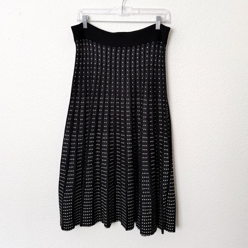 [Lauren Hansen] Black Geometric Print Pleated Sweater Knit Midi Skirt Sz Large L